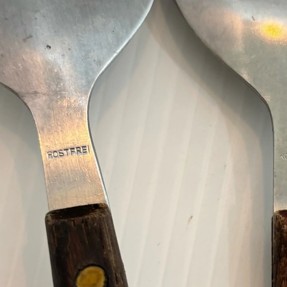 Vintage Salad Serving Set Wood Handle Stainless Rostfrei German MCM 11.5”